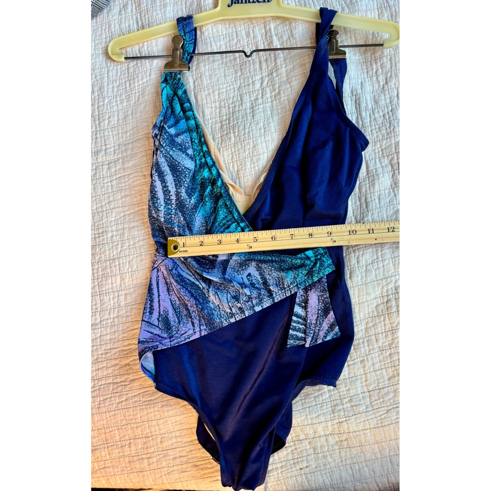 Vintage Jantzen Tropical Wrap One Piece Swimsuit Blue Teal 14T Made in USA